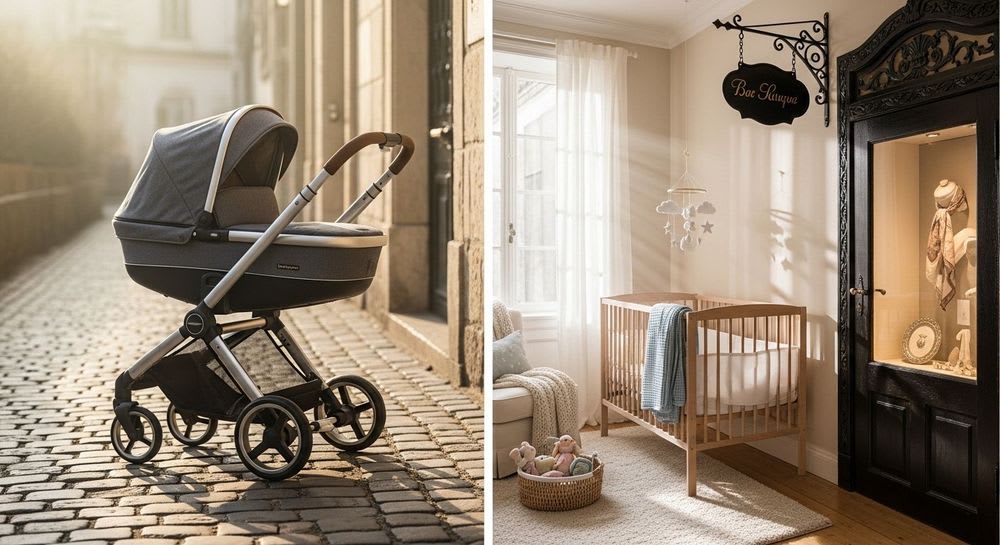 Ein kompakter Kinderwagen für schmale Türen parkt auf einem urbanen Gehweg, das Titelbild für den umfassenden Kinderwagen Guide.