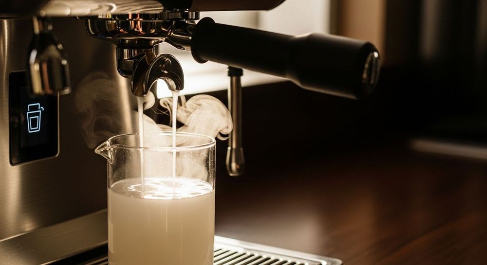 Jura E8 entkalken Schritt-für-Schritt: Nahaufnahme des Entkalkungsvorgangs, bei dem Flüssigkeit aus dem Kaffeeauslauf fließt.