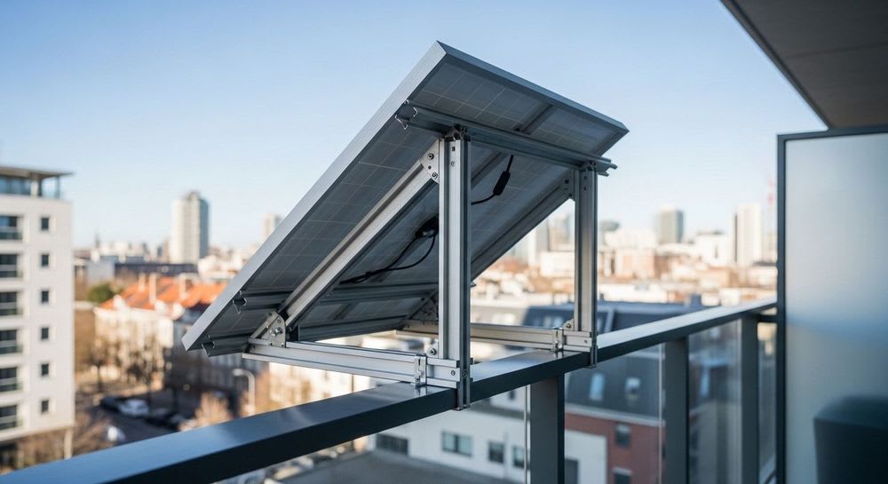 Eine fertige, selbst gebaute Balkonkraftwerk Halterung aus Aluminium, sicher an einem Balkongeländer montiert.