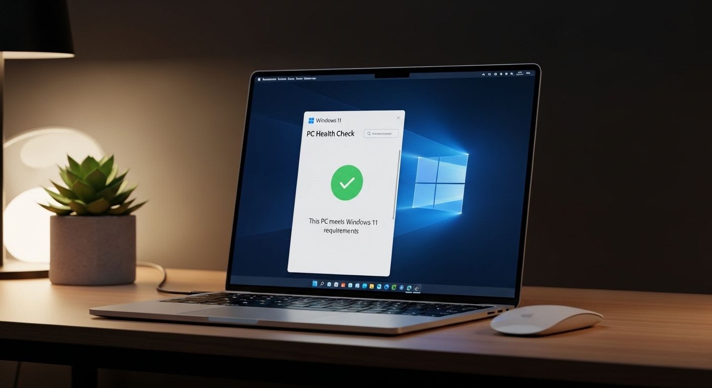 Ein Laptop auf einem Schreibtisch zeigt die Ergebnisse der PC-Integritätsprüfung für Windows 11, die die Kompatibilität bestätigt.