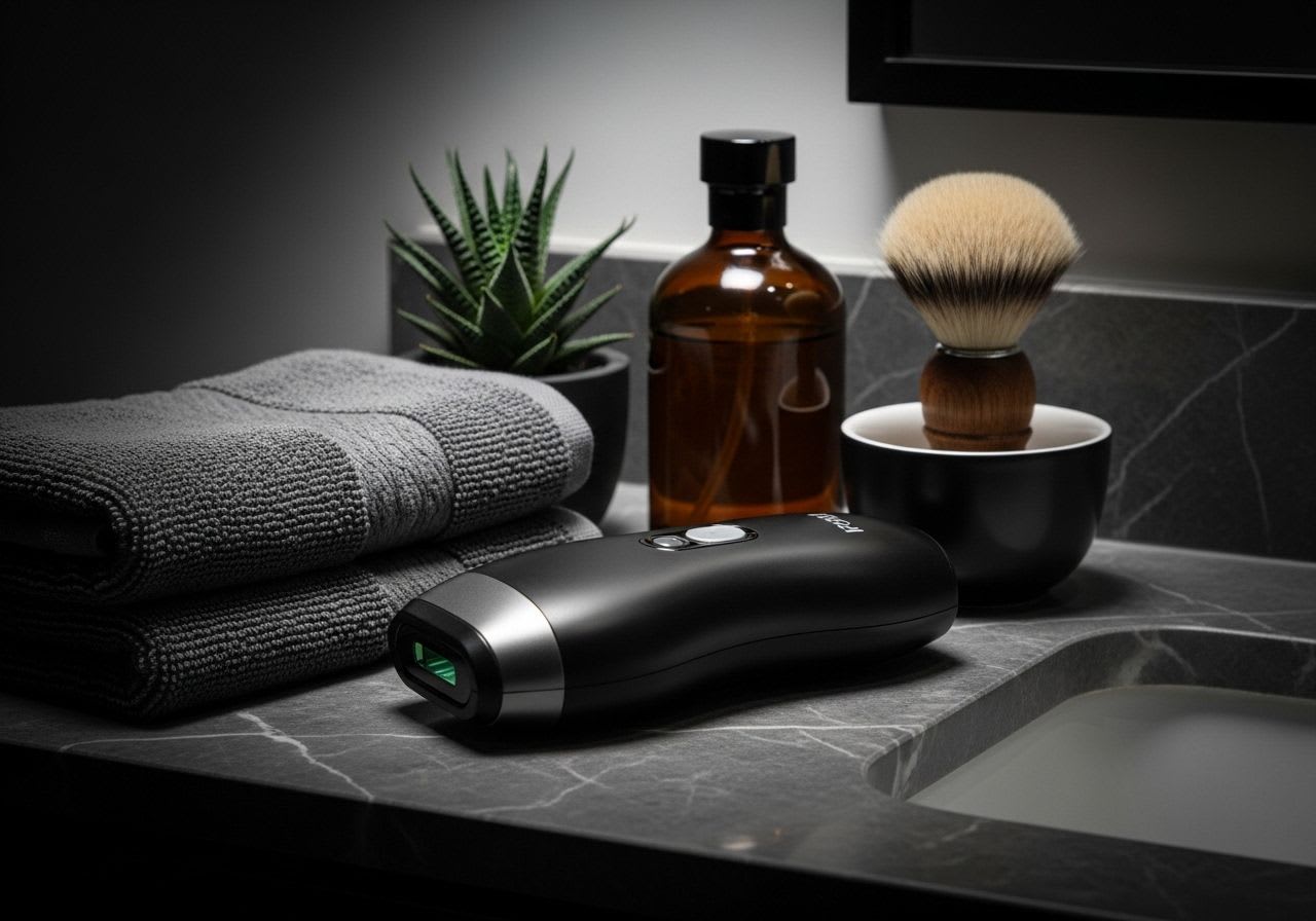 Das Philips Lumea Advanced IPL-Gerät für die Haarentfernung zuhause liegt auf einem eleganten Marmorwaschtisch.
