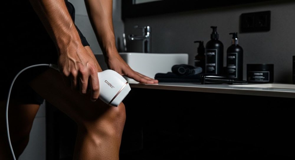 Eine Frau hält den Philips Lumea Advanced zur IPL-Haarentfernung zuhause in der Hand, bereit für die Anwendung am Bein.