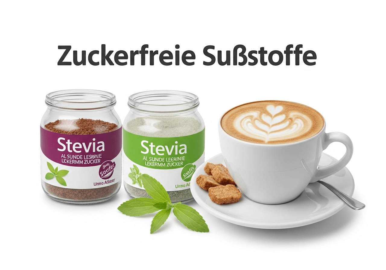 Zuckerfreie Süßstoffe wie Stevia neben einem Cappuccino kalorienarm als gesunde und leckere Alternative zu herkömmlichem Zucker. | Foto: Dimitris Chapsoulas
