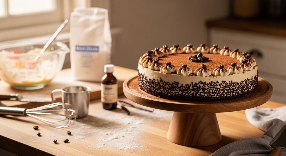 Eine ganze, perfekt zubereitete Cappuccino Torte auf einem Tortenständer, die den perfekten Genuss verspricht und zum Nachbacken einlädt.