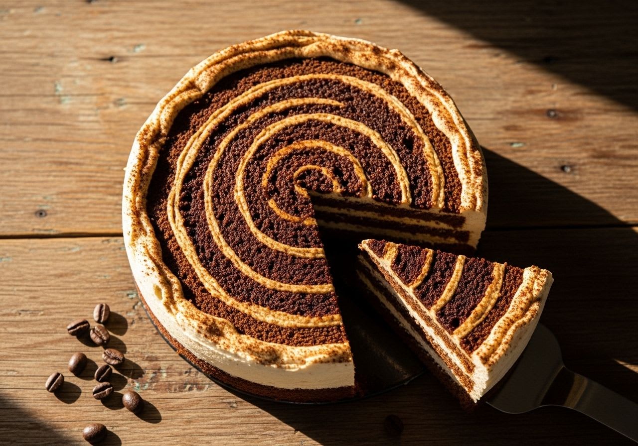 Cappuccino Torte von oben, bei der die saftigen, mit Kaffee getränkten Böden und die cremige Füllung gut sichtbar sind.