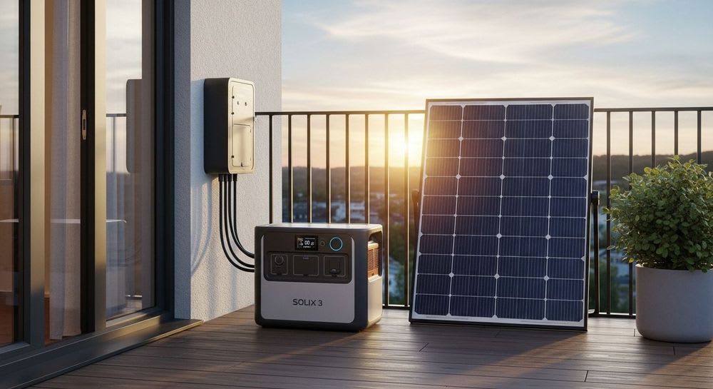 Der Anker Solix 3 Erweiterungsakku als Teil eines Balkonkraftwerks auf einem modernen Balkon bei Sonnenuntergang.