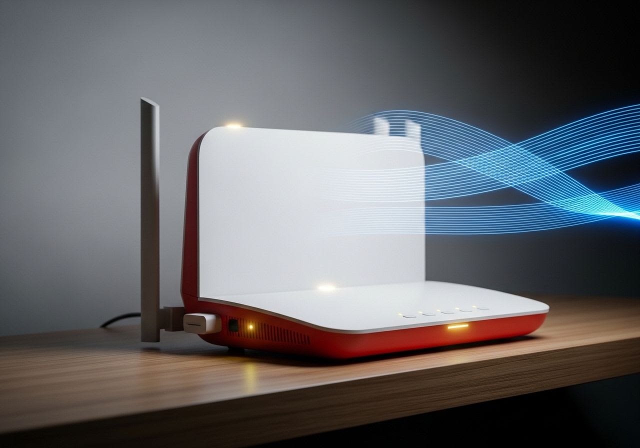Moderner WLAN-Router auf einem Holzregal, der ein starkes Signal sendet. Guide, um das FRITZ!Box WLAN zu verbessern.
