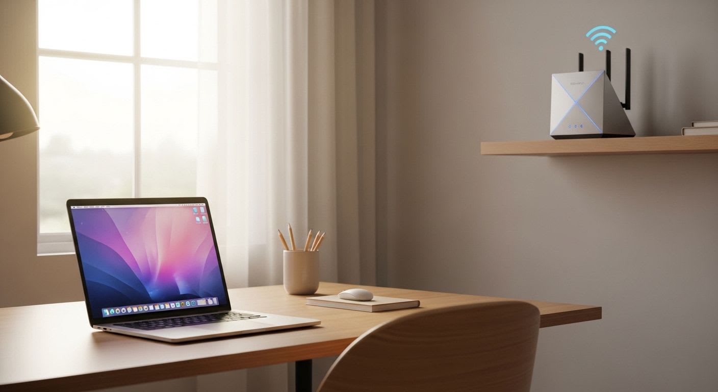 Ein aufgeräumter Home-Office-Arbeitsplatz mit Laptop, um zu zeigen, wie man das FRITZ!Box WLAN verbessern und optimieren kann.