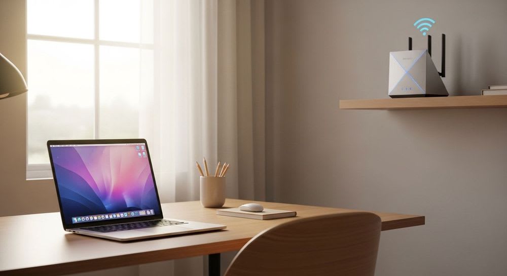Ein aufgeräumter Home-Office-Arbeitsplatz mit Laptop, um zu zeigen, wie man das FRITZ!Box WLAN verbessern und optimieren kann.