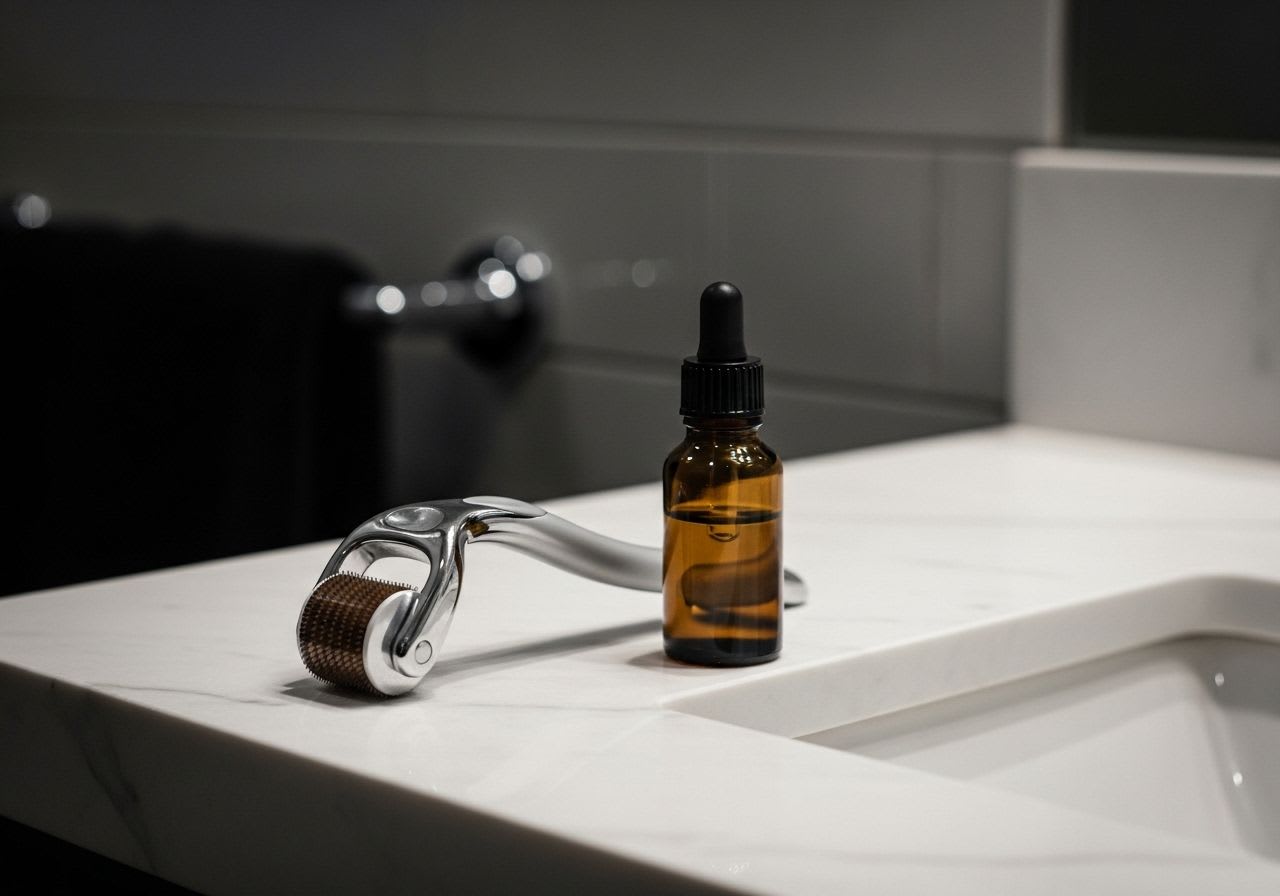 Ein Dermaroller für das Microneedling Zuhause auf einer Marmoroberfläche, der die Vorher-Nachher-Effekte auf die Haut andeutet.