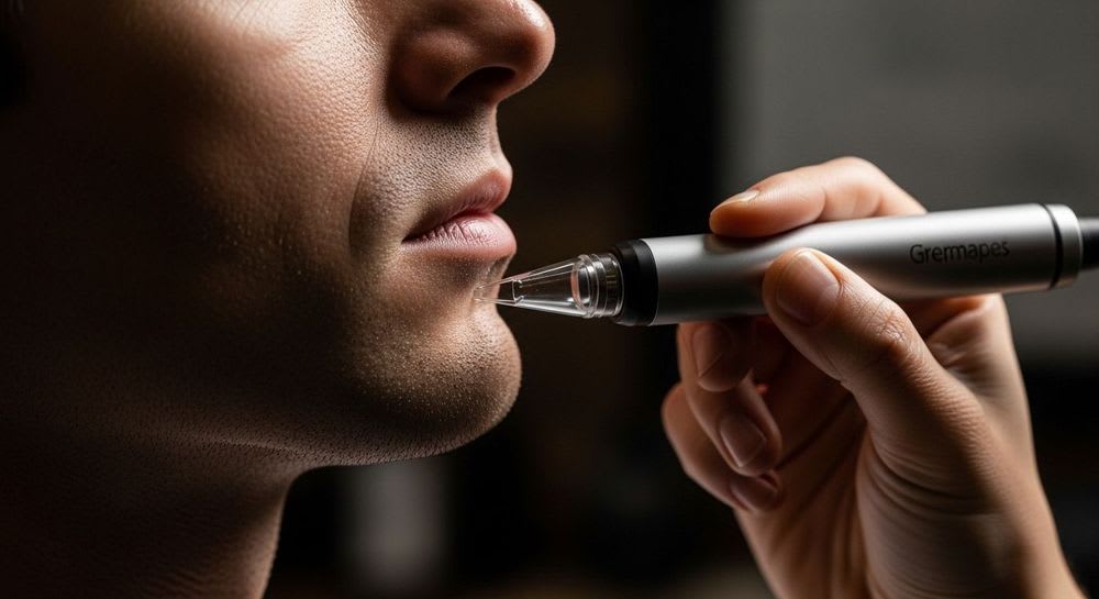 Ein Mann führt ein Microneedling Zuhause durch, um Vorher-Nachher-Effekte zu erzielen; Nahaufnahme des Geräts auf der Haut.