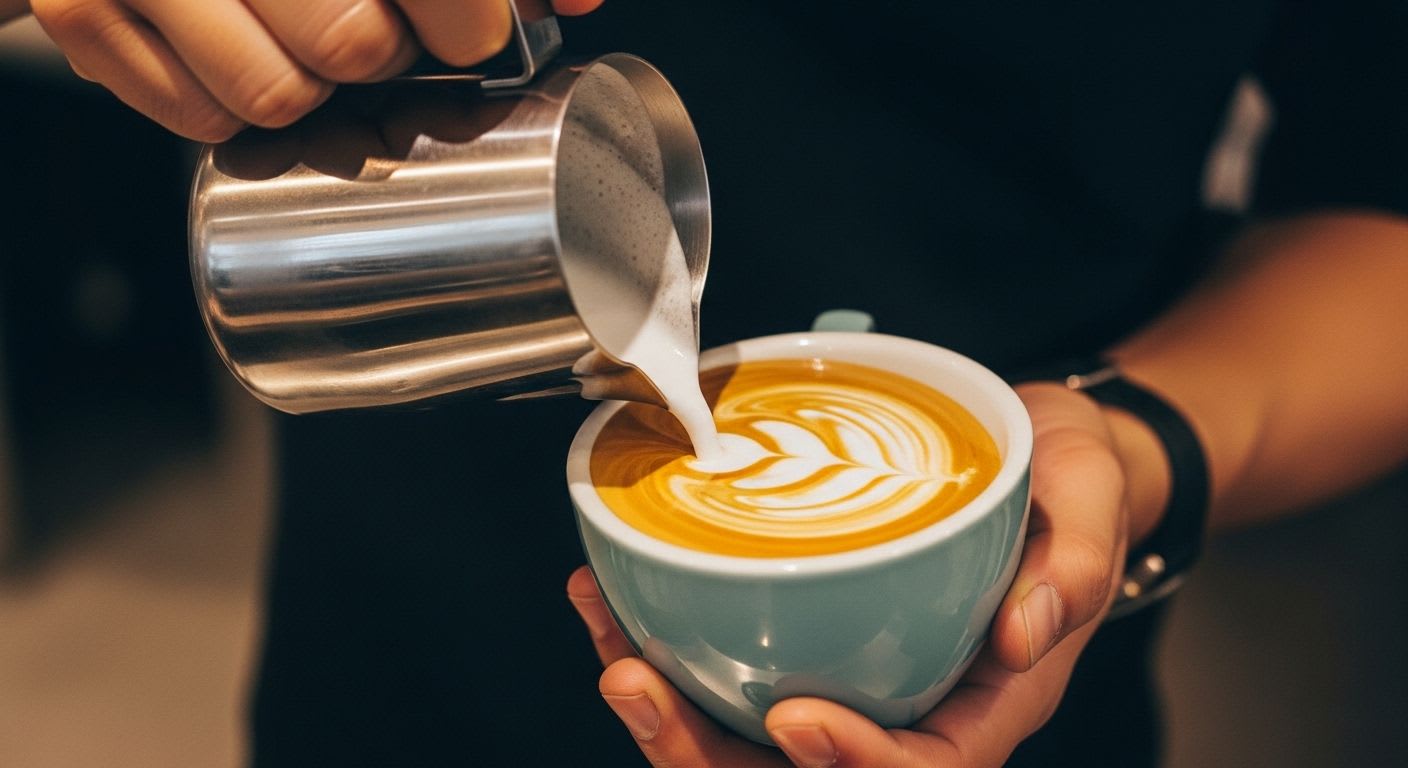 Ein Barista gießt Milchschaum in Espresso, um die Zusammensetzung und die Cappuccino Kalorien zu verdeutlichen.