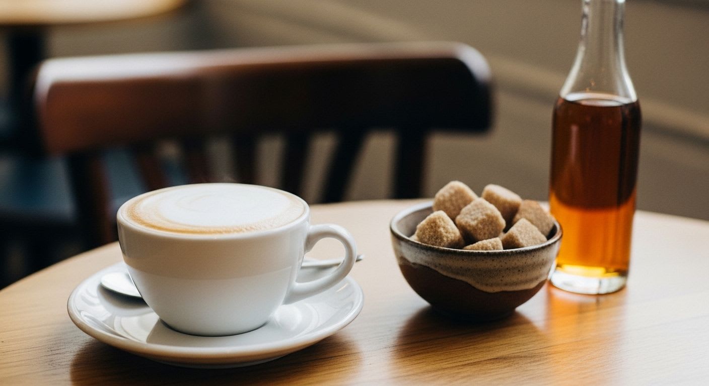 Eine Tasse Cappuccino neben Zuckerwürfeln und Sirup, die als Süßungsmittel die Cappuccino Kalorien erhöhen.