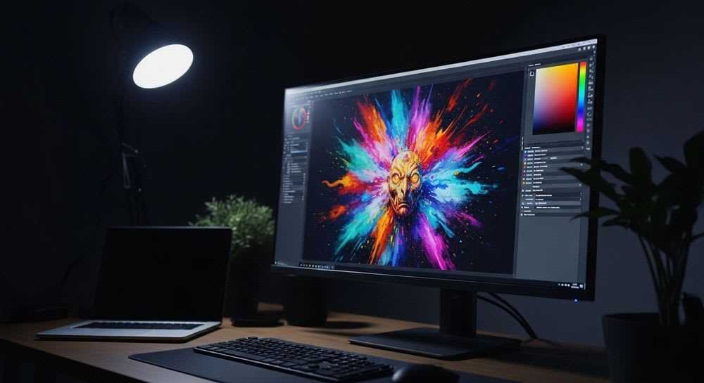 Ein professionell kalibrierter Monitor auf dem Schreibtisch eines Designers zeigt perfekte Farben in einem digitalen Kunstwerk.