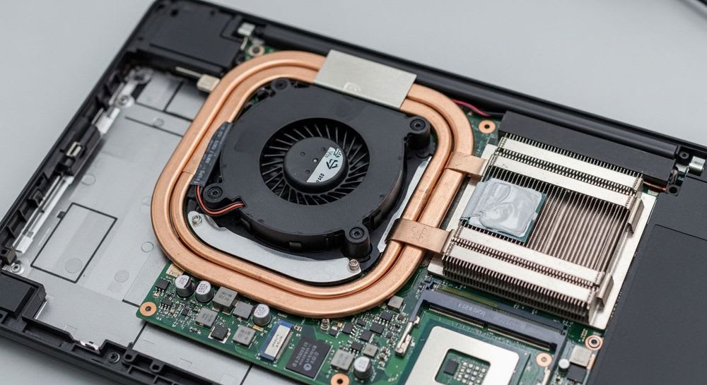 Geöffneter Laptop von oben zeigt die Ursachen, warum ein Laptop überhitzt: Lüfter, Heatpipes und Kühlkörper.
