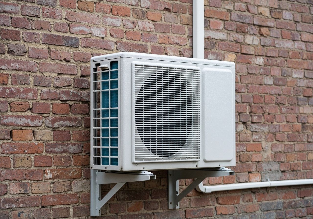 Eine vereiste Wärmepumpe an einer alten Hauswand als Symbol für die Nachteile und die geringe Effizienz im Winter.