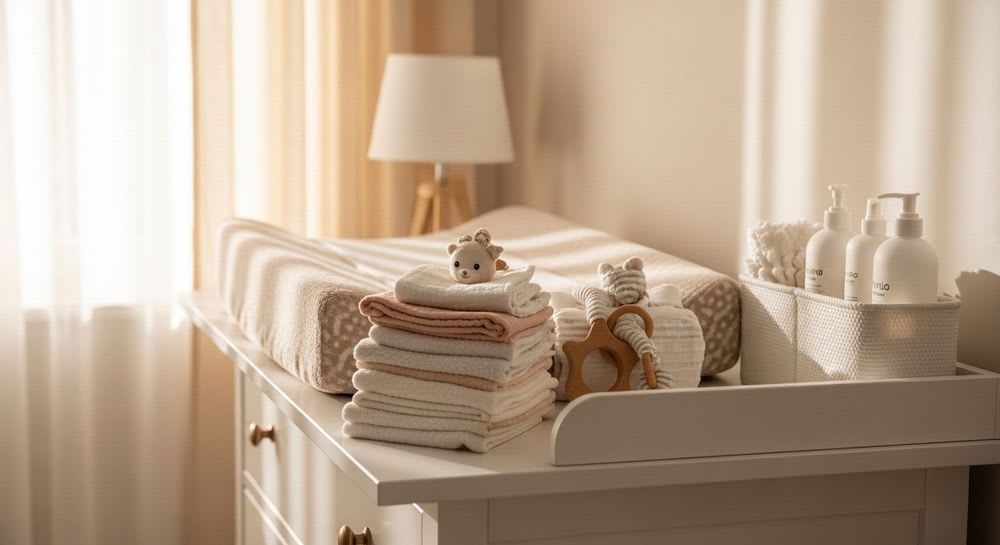 Beine wickeln Anleitung für gesunde Hüften: Ein liebevoll eingerichteter Wickelplatz in einem hellen Zimmer.