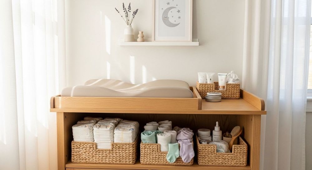 Schritt-für-Schritt-Anleitung zum Babys wickeln: Ein heller und freundlicher Wickelplatz als einladende Szene.