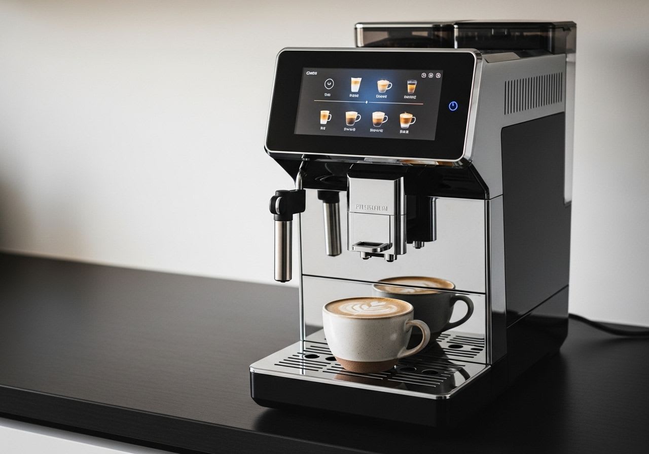Der Premium Kaffeevollautomat Jura S8 in einer modernen Küche, daneben eine Tasse frisch zubereiteter Cappuccino.