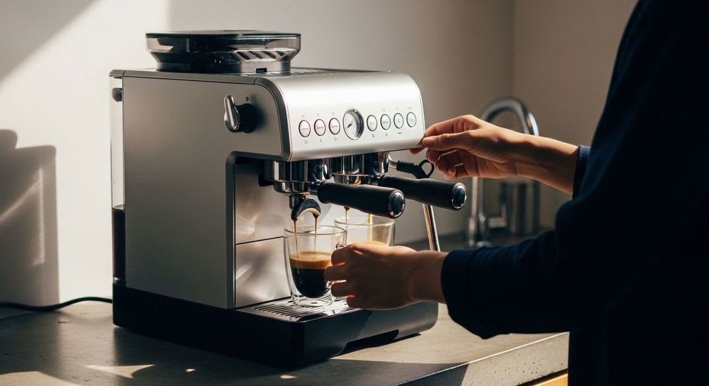 Ein Genießer bedient den Premium Kaffeevollautomat Jura S8 mit Touchscreen in einer stilvollen Küche mit sanftem Morgenlicht.