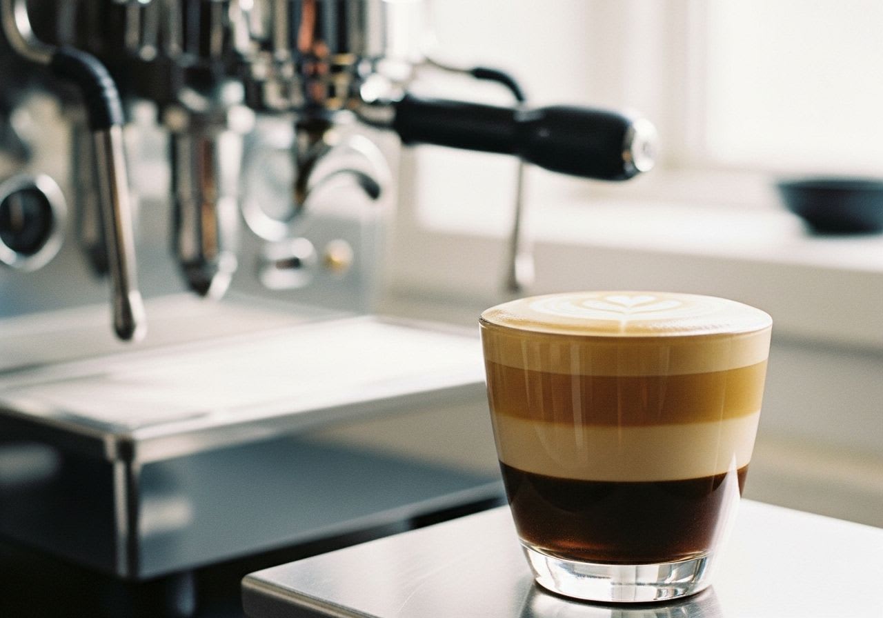 Perfekter De'Longhi Cappuccino mit cremigem Milchschaum in einer Glastasse, zubereitet mit einem Kaffeevollautomaten.