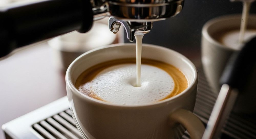 Zubereitung eines De'Longhi Cappuccino: Cremiger Milchschaum fließt aus einem modernen Kaffeevollautomaten in die Espressotasse.