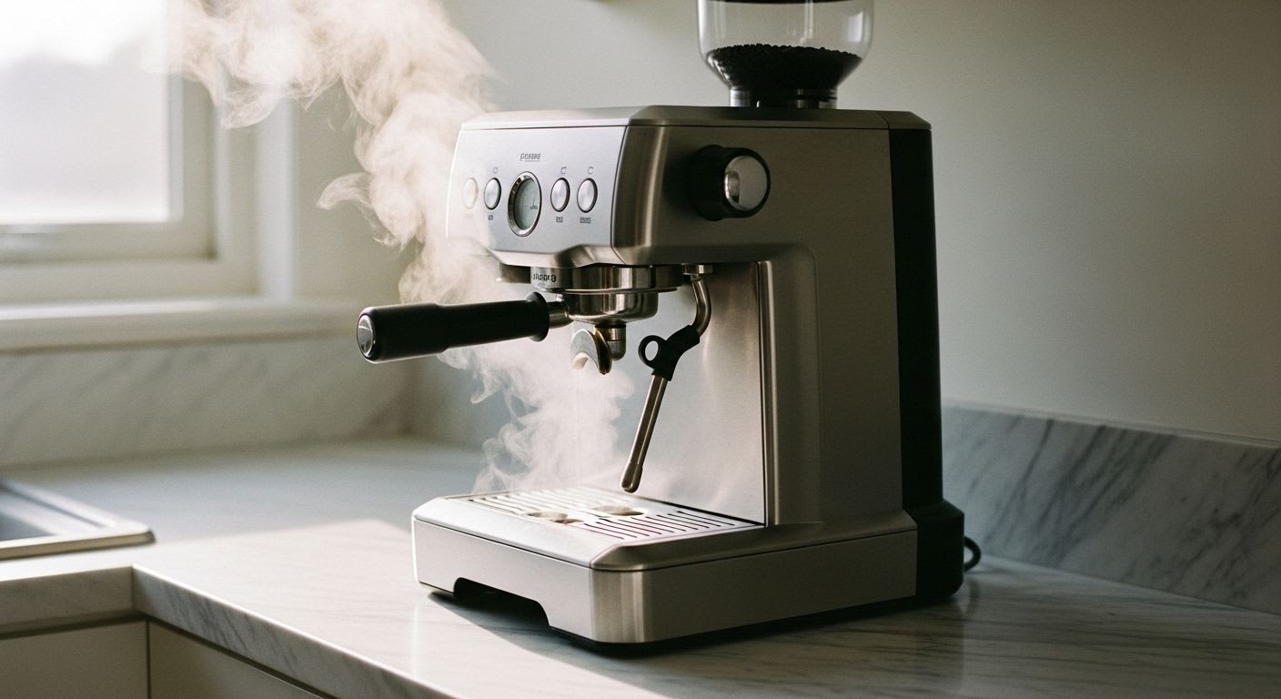 Eine moderne Siebträgermaschine für einen De'Longhi Cappuccino, mit Dampf aus der Dampflanze in einer hellen Küche.