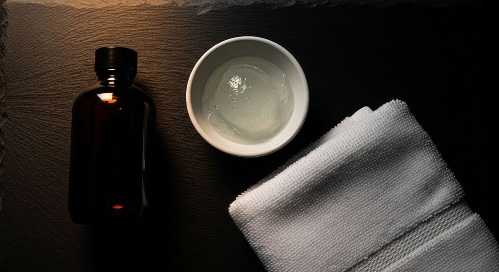 Was tun bei Rasurbrand: Eine Auswahl an beruhigenden Produkten wie Aloe Vera Gel und Aftershave Balsam auf dunklem Schiefer.