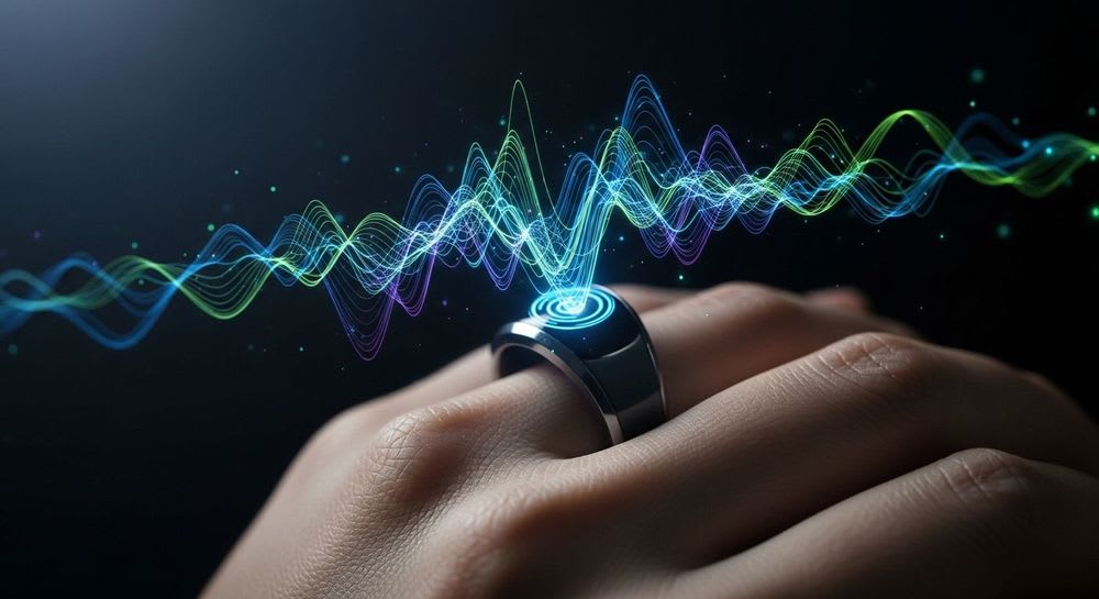 Die erwarteten Unterschiede zwischen Oura Ring 3 und 4: Ein futuristischer Smart Ring am Finger visualisiert verbesserte Sensorik und Algorithmen.