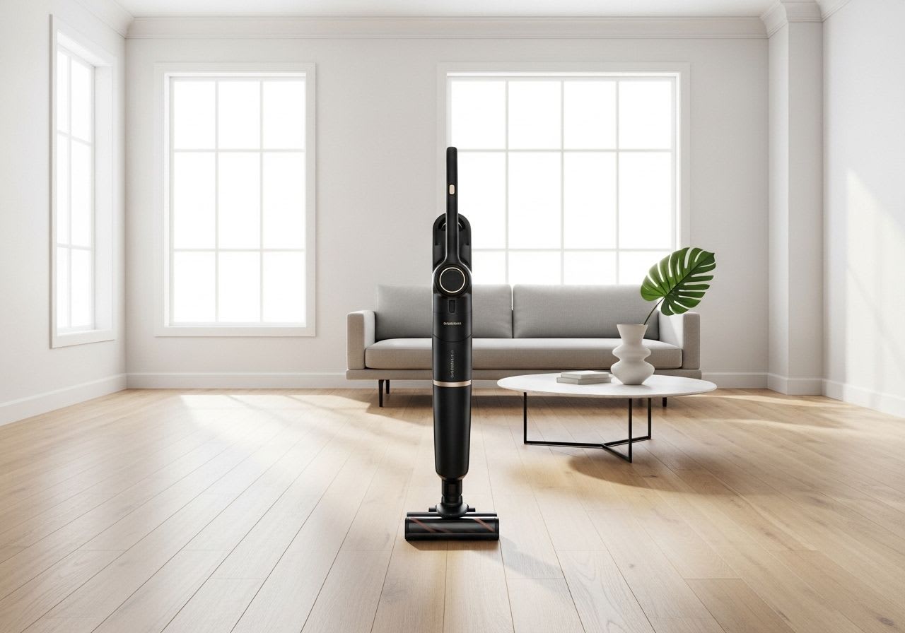 Moderner Miele Staubsauger kabellos im stilvollen Wohnzimmer, der die Freiheit und Power des Geräts repräsentiert.