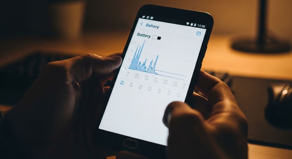 Android-Smartphone in der Hand zeigt eine Akku-Statistik, um die Akkulaufzeit zu verlängern, auf einem Schreibtisch.