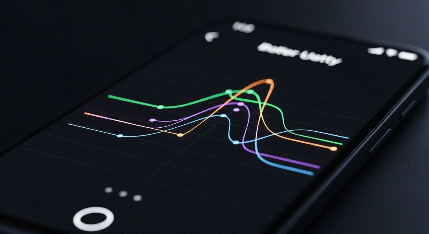 Eine minimalistische Android-Oberfläche zeigt Akku-Verbrauchsstatistiken mit leuchtenden Linien, um die Akkulaufzeit zu verlängern.