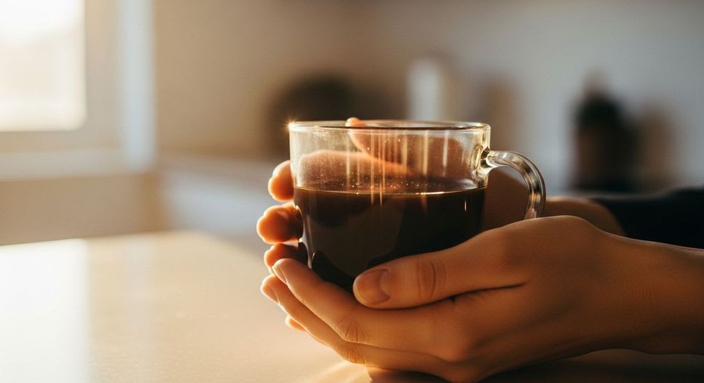 Ist Kaffee gesund? Eine Person genießt eine Tasse Kaffee im Morgenlicht, was die neuesten Studien zu Kaffee verdeutlicht.