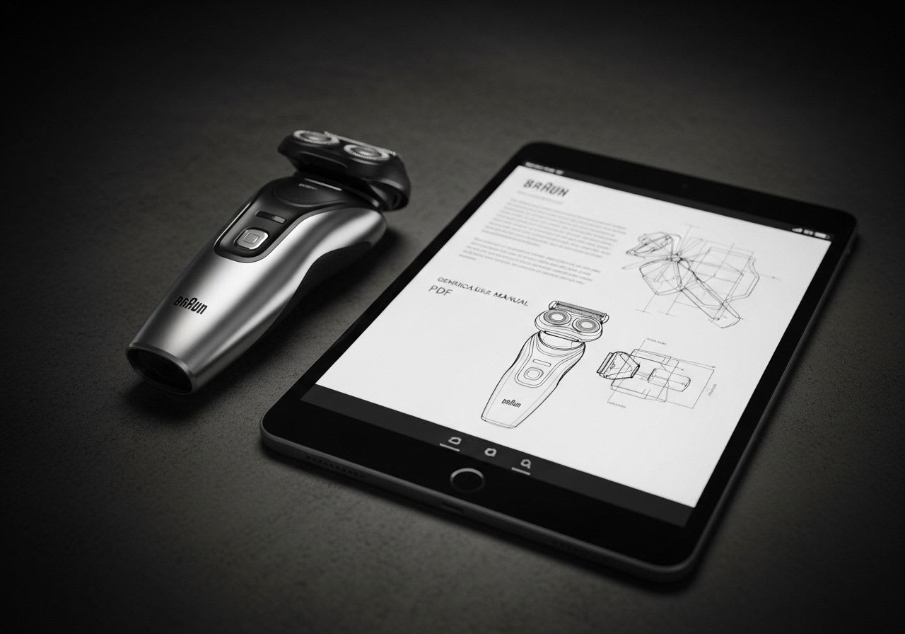 Die deutsche Braun Series 9 Pro Anleitung als PDF auf einem Tablet neben dem Elektrorasierer auf einem modernen Tisch.