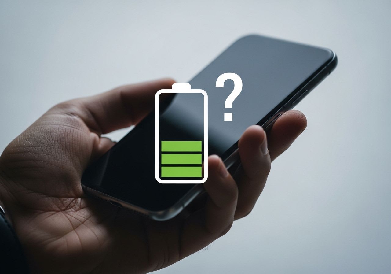 Symbolbild zum Thema Samsung Akku kalibrieren, das ein Smartphone mit einem Akkusymbol und einem Fragezeichen zeigt.