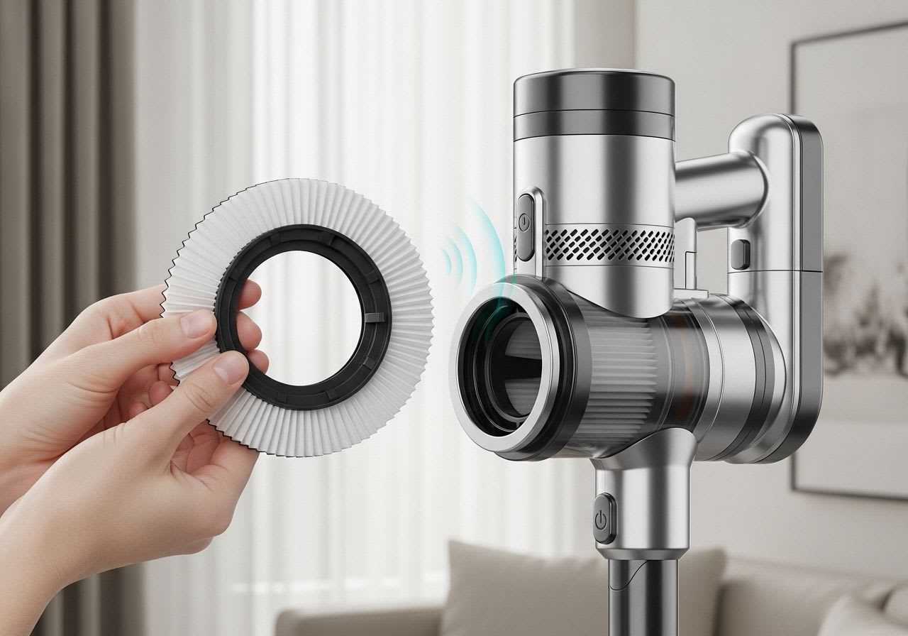 Eine Person hält einen neuen HEPA-Filter bereit, um den AEG Staubsauger Filter zu wechseln und die volle Saugkraft zu erhalten.