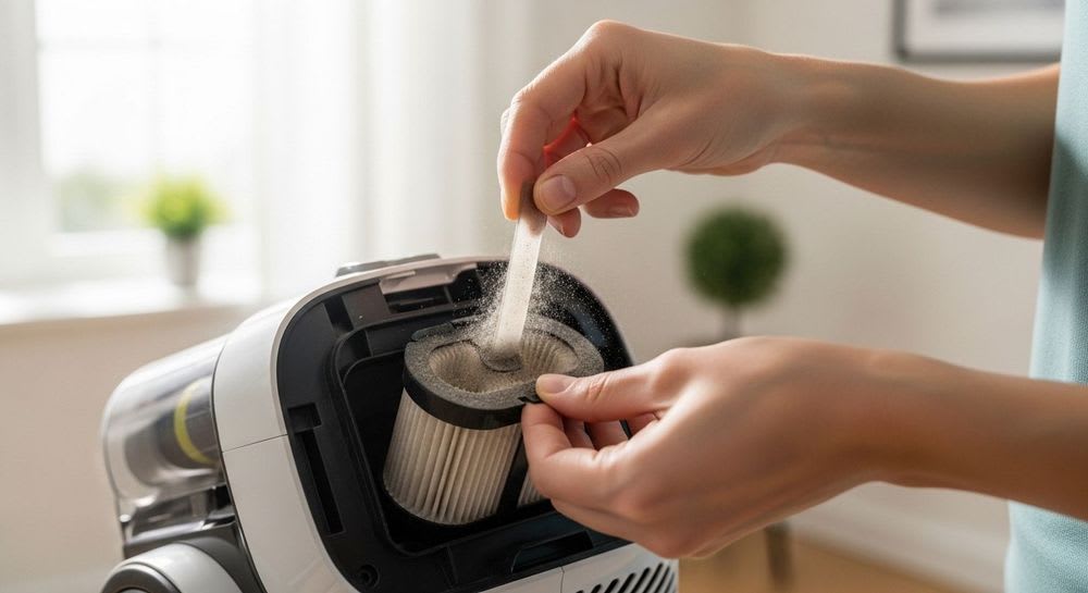 Nahaufnahme vom AEG Staubsauger Filter wechseln: Hände entnehmen einen staubigen Filter, um die Saugkraft wiederherzustellen.