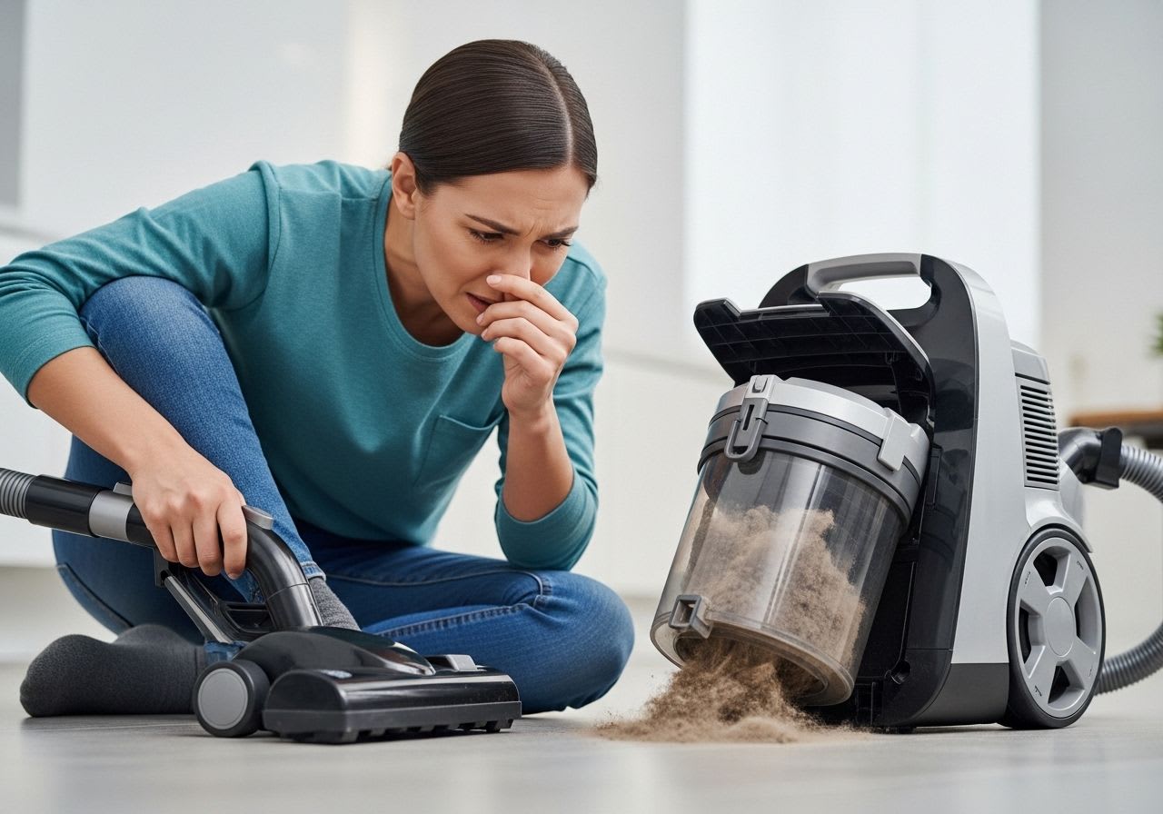 Eine Person hält sich die Nase zu, weil ihr Staubsauger muffig riecht und der Staubbehälter voller altem Schmutz ist.