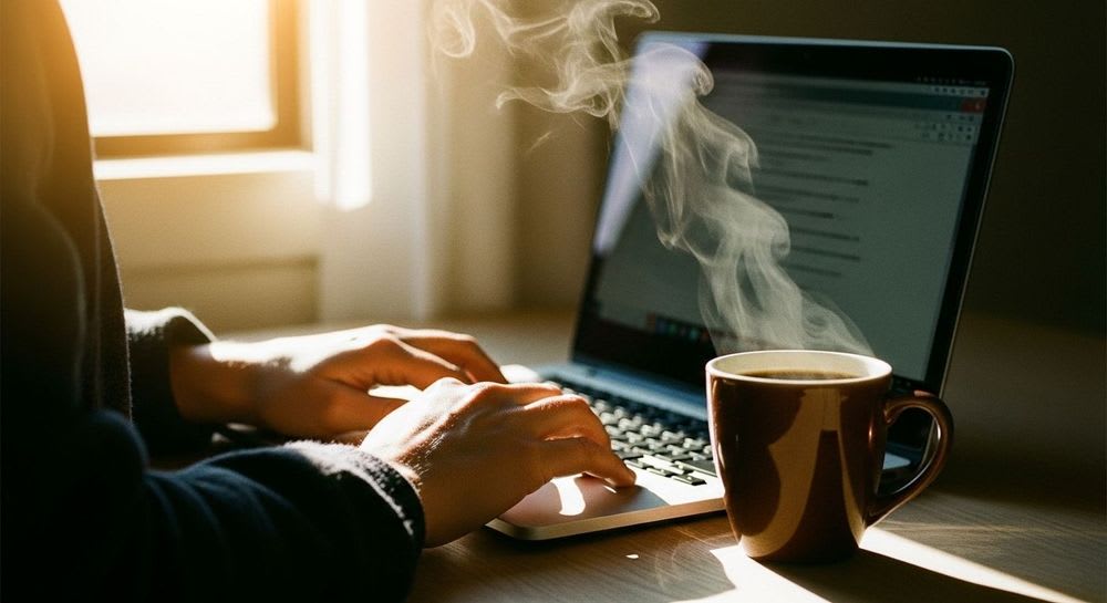 Die positive Koffein Wirkung auf die Konzentration, dargestellt durch eine Person am Laptop mit einer Tasse Kaffee.