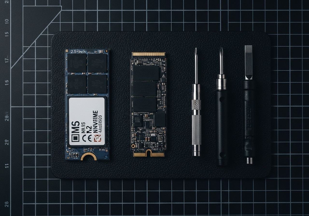 DIY-Guide zum SSD/HDD selbst einbauen: Verschiedene SSD-Typen und Werkzeug liegen auf einer Arbeitsmatte bereit.