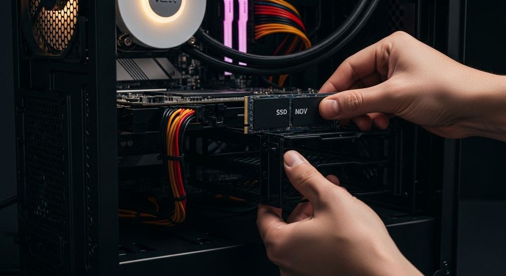 Anleitung zum SSD/HDD selbst einbauen: Eine Person montiert eine moderne SSD-Festplatte in einem aufgeschraubten PC.