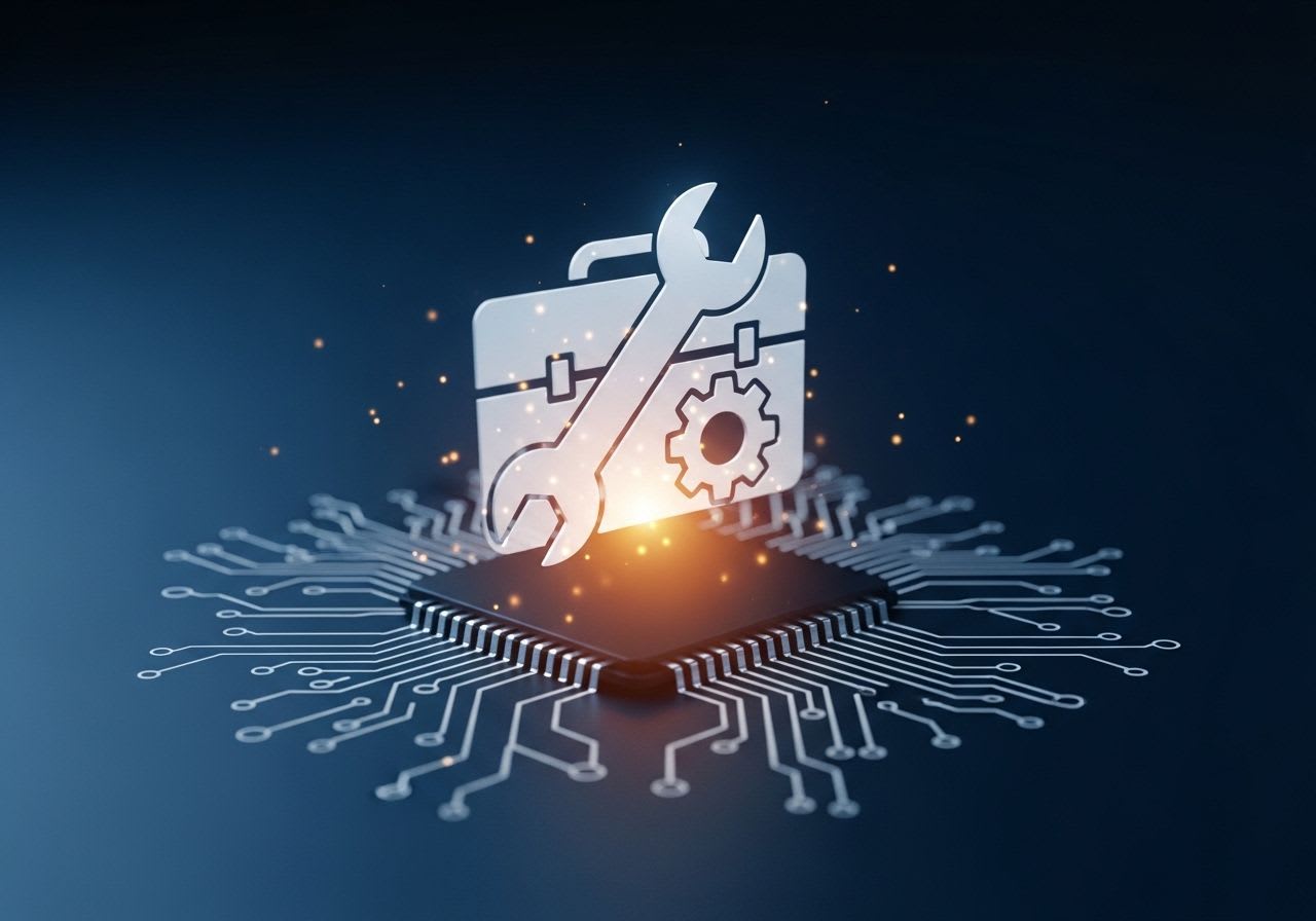 Symbolischer Werkzeugkasten für ein Windows Repair Tool, der über einer stilisierten Leiterplatte schwebt und Systemreparatur darstellt.