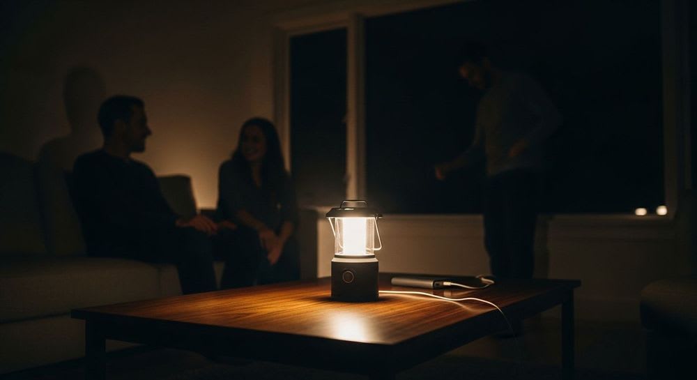 Stimmungsvolle Szene als Blackout-Vorsorge: Eine Familie im Wohnzimmer bei Kerzenschein und Laternenlicht während eines Stromausfalls.