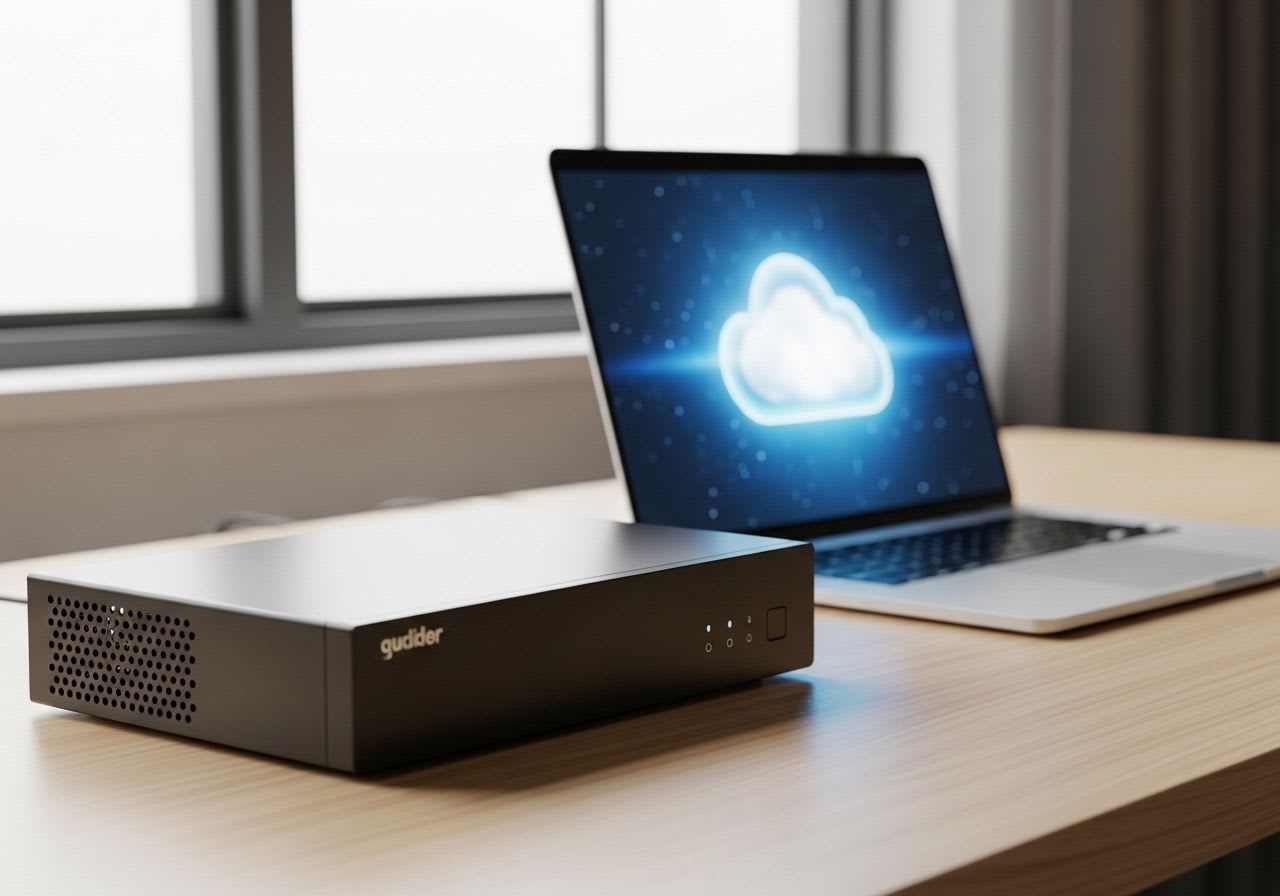 Modernes NAS-System auf einem Schreibtisch, das den Prozess zum Einrichten einer privaten Cloud für Datensicherheit symbolisiert.