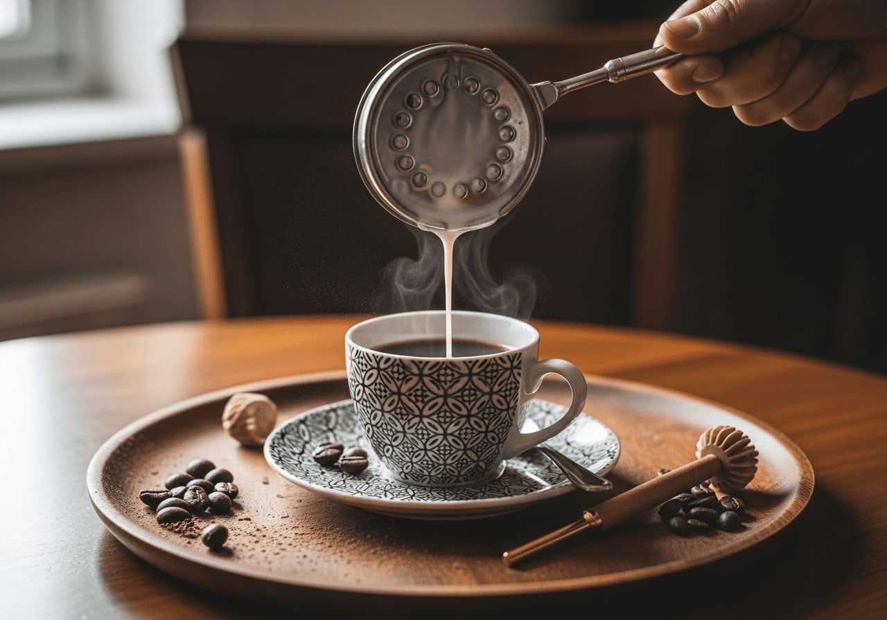 Nahaufnahme der Gießtechnik, um ein Herz für die ersten Schritte beim Latte Art lernen zu perfektionieren. | Foto: Mohamed Shaffaf