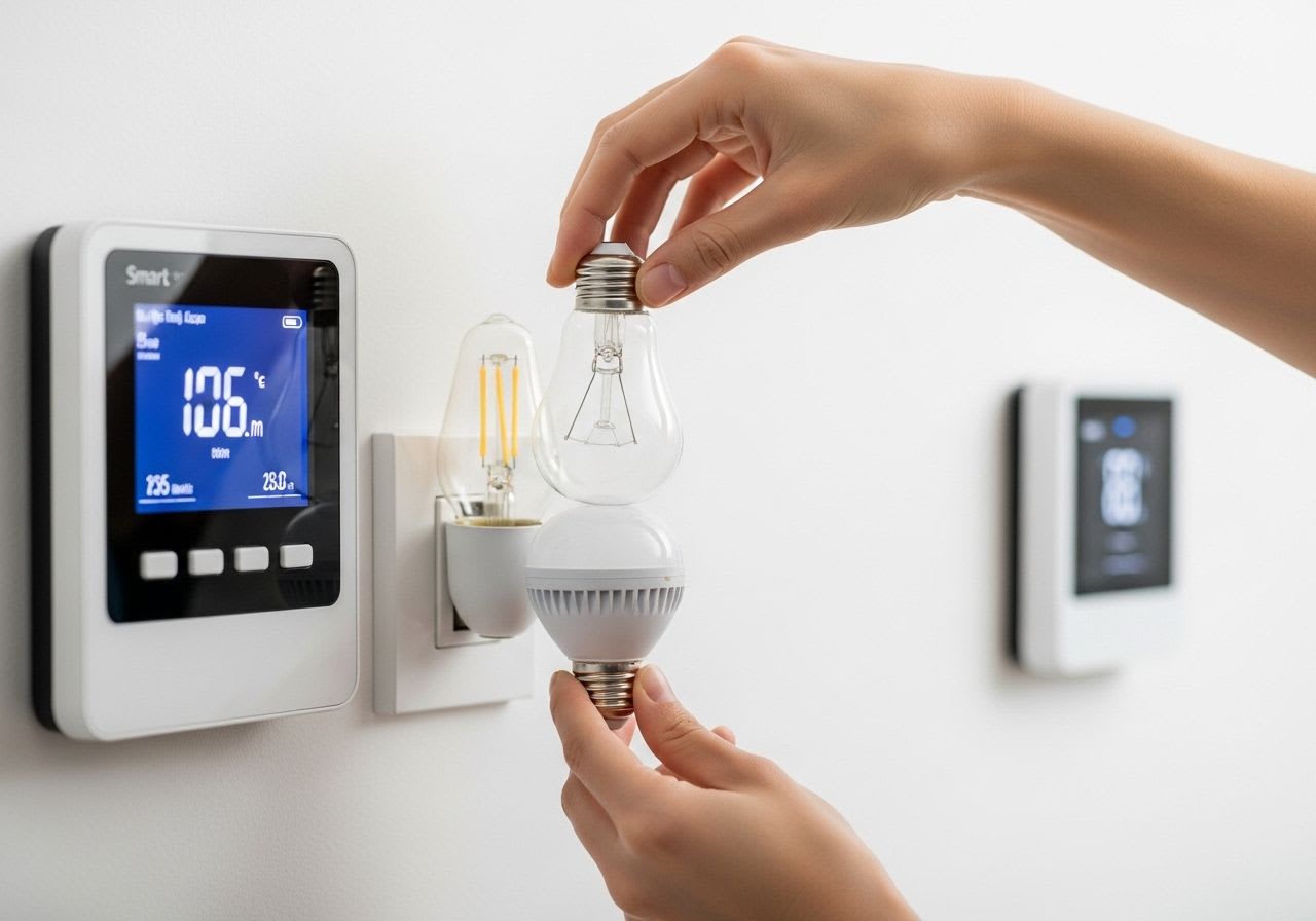 Effektive Strom sparen Tipps für den Haushalt: eine Collage aus Smart Meter, LED-Lampe und modernem Thermostat.