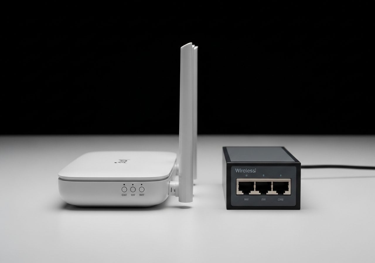 Ein moderner WLAN-Router neben einem Netzwerk-Switch als Symbol für die Frage 'Switch oder Router fürs Smart Home?' auf einem Tisch.