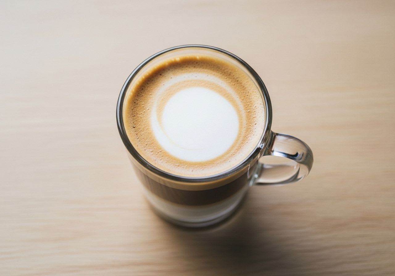 Ein Milchkaffee im Glas von oben, der die verschiedenen Schichten und den Kaloriengehalt je nach Milchsorte zeigt.