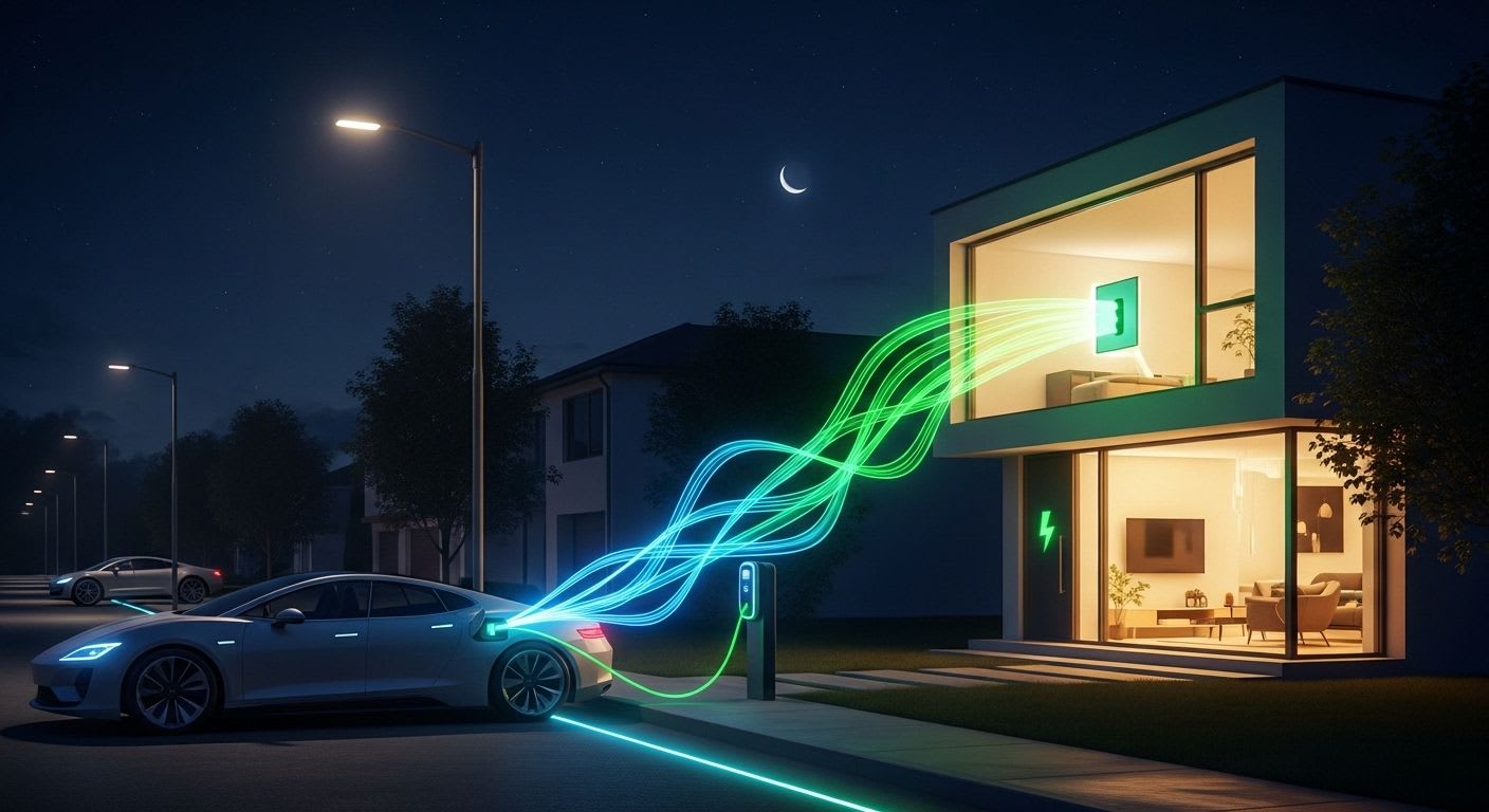 Ein E-Auto als Stromspeicher, das per bidirektionalem Laden Strom ins Haus und das öffentliche Netz einspeist (V2H & V2G).