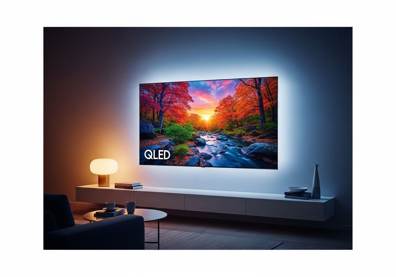 Ein moderner QLED-Fernseher im Guide für brillante Bilder, der in einem hellen Wohnzimmer eine farbenfrohe Landschaft zeigt.